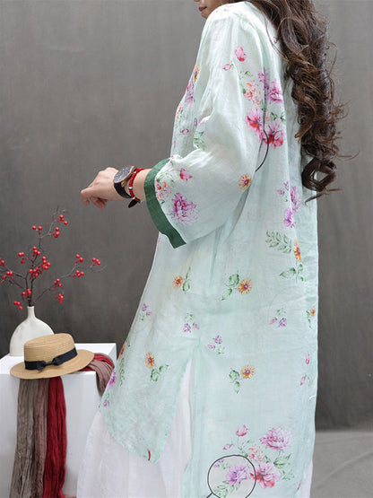 Women Summer Vintage Flower Spliced Ramie Shirt II1036