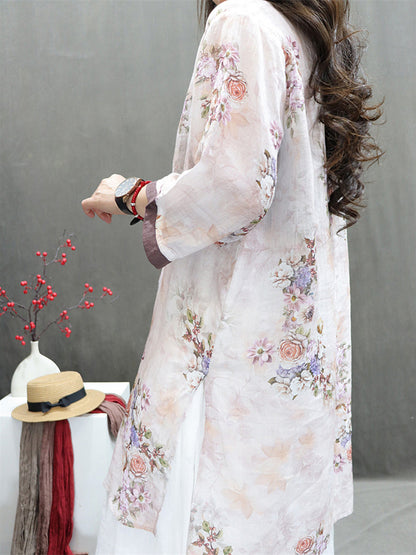 Women Summer Vintage Flower Spliced Ramie Shirt II1036