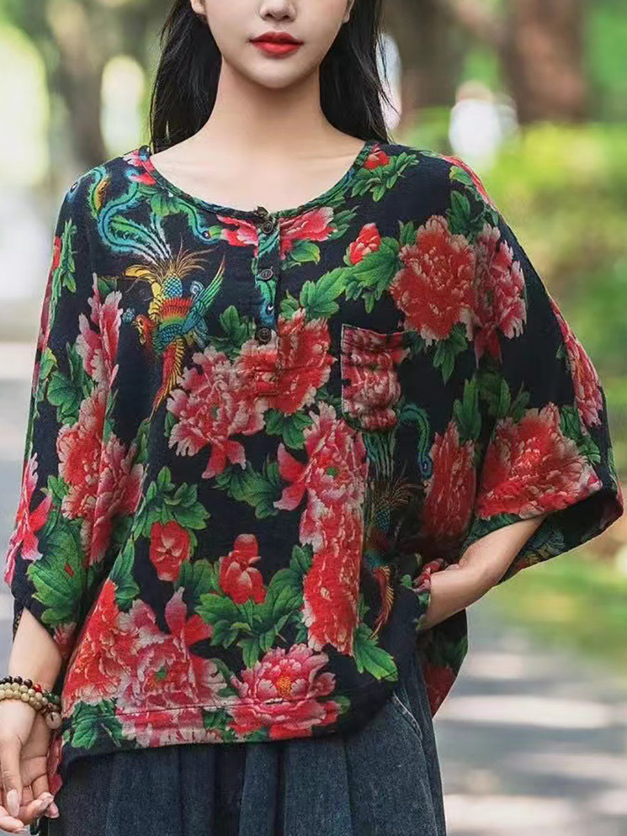 Women Summer Artsy Flower O-Neck Cotton Shirt II1038