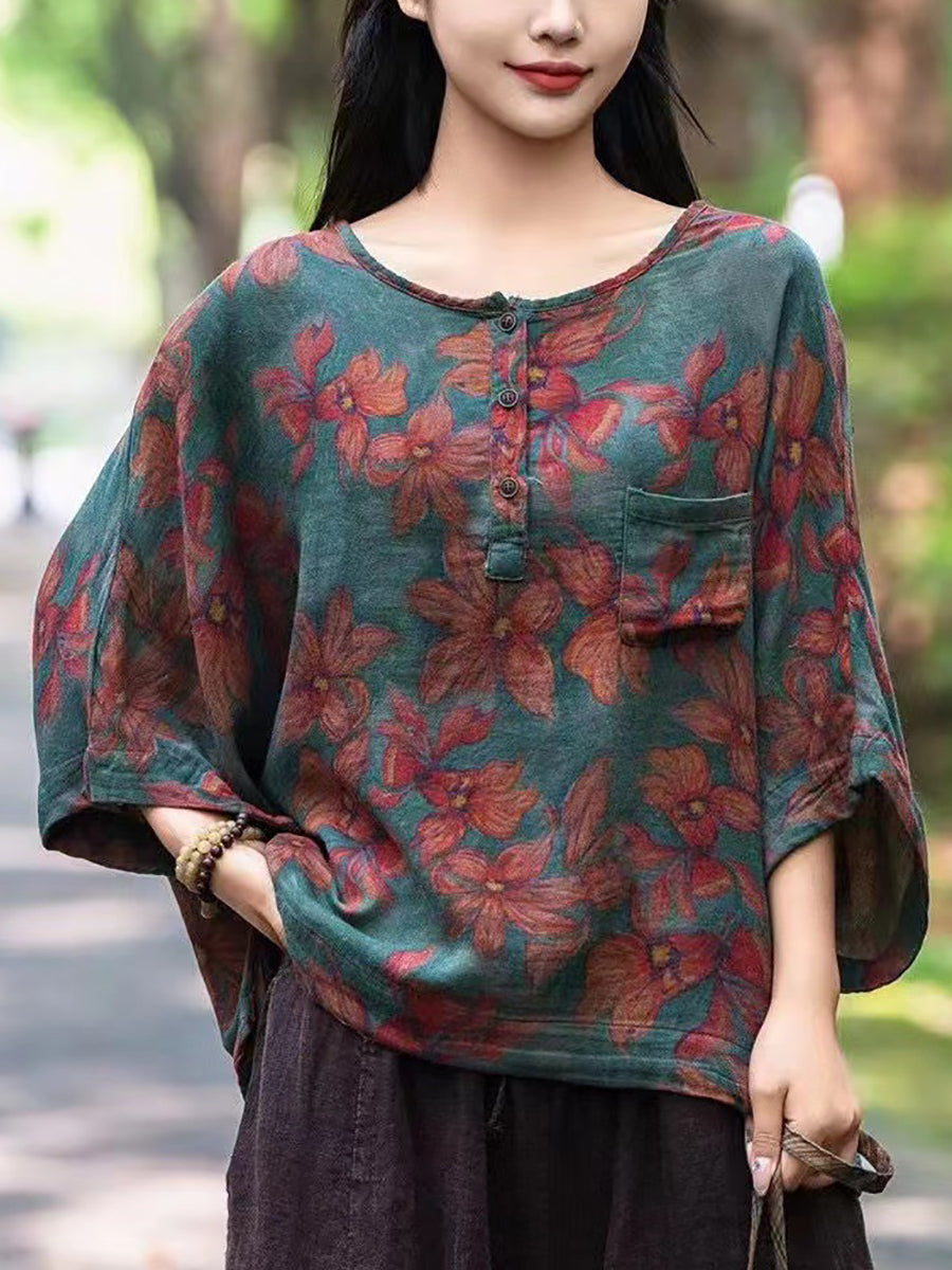 Women Summer Artsy Flower O-Neck Cotton Shirt II1038