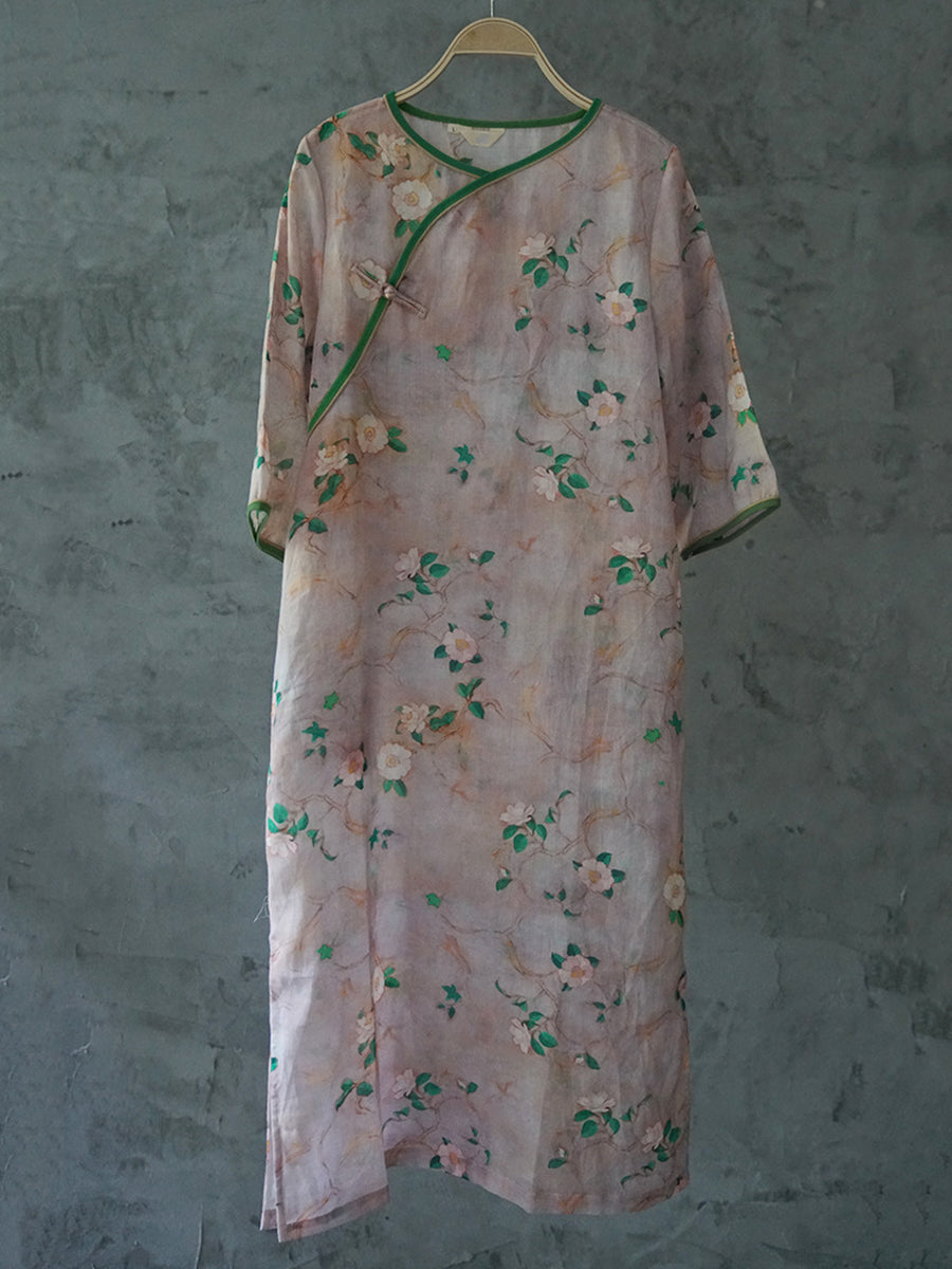 Women Summer Vintage Floral Summer Ramie Dress II1041