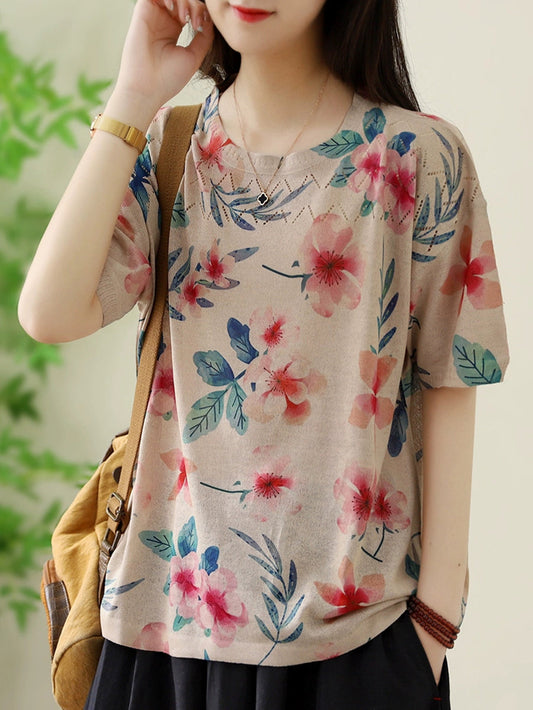 Women Summer Casual Flower O-neck Knitted Shirt II1044