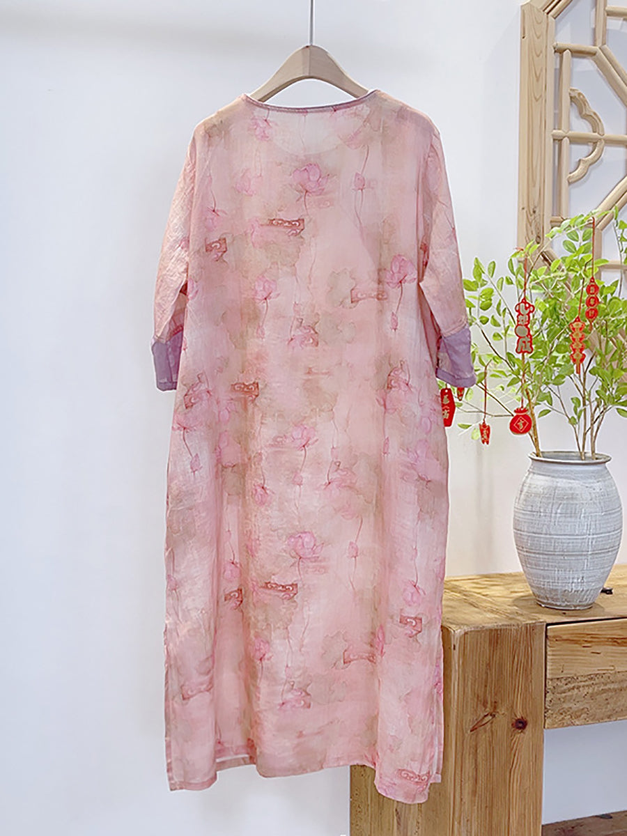 Women Summer Vintage Floral Spliced Ramie Dress II1051