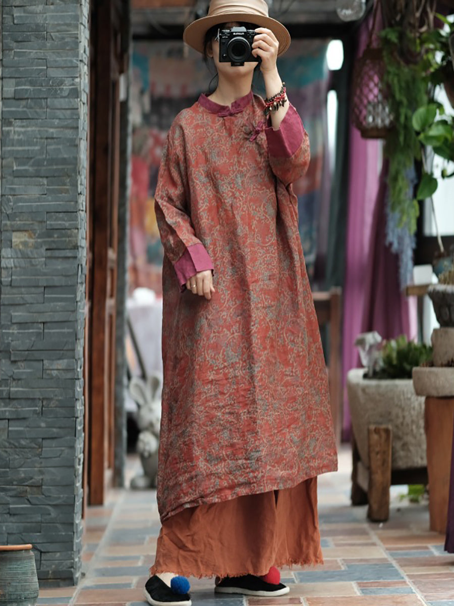 Women Summer Vintage Floral Spliced Ramie Dress OO1037