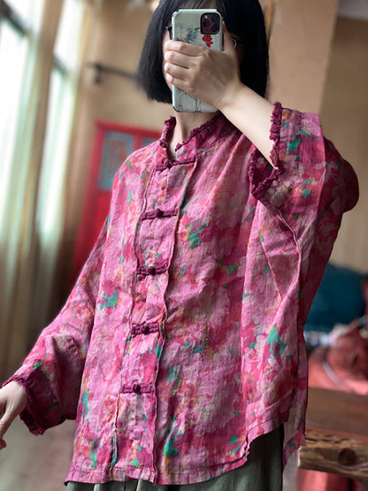 Women Vintage Flower Button-Up Raw Edge Linen Shirt OO1038