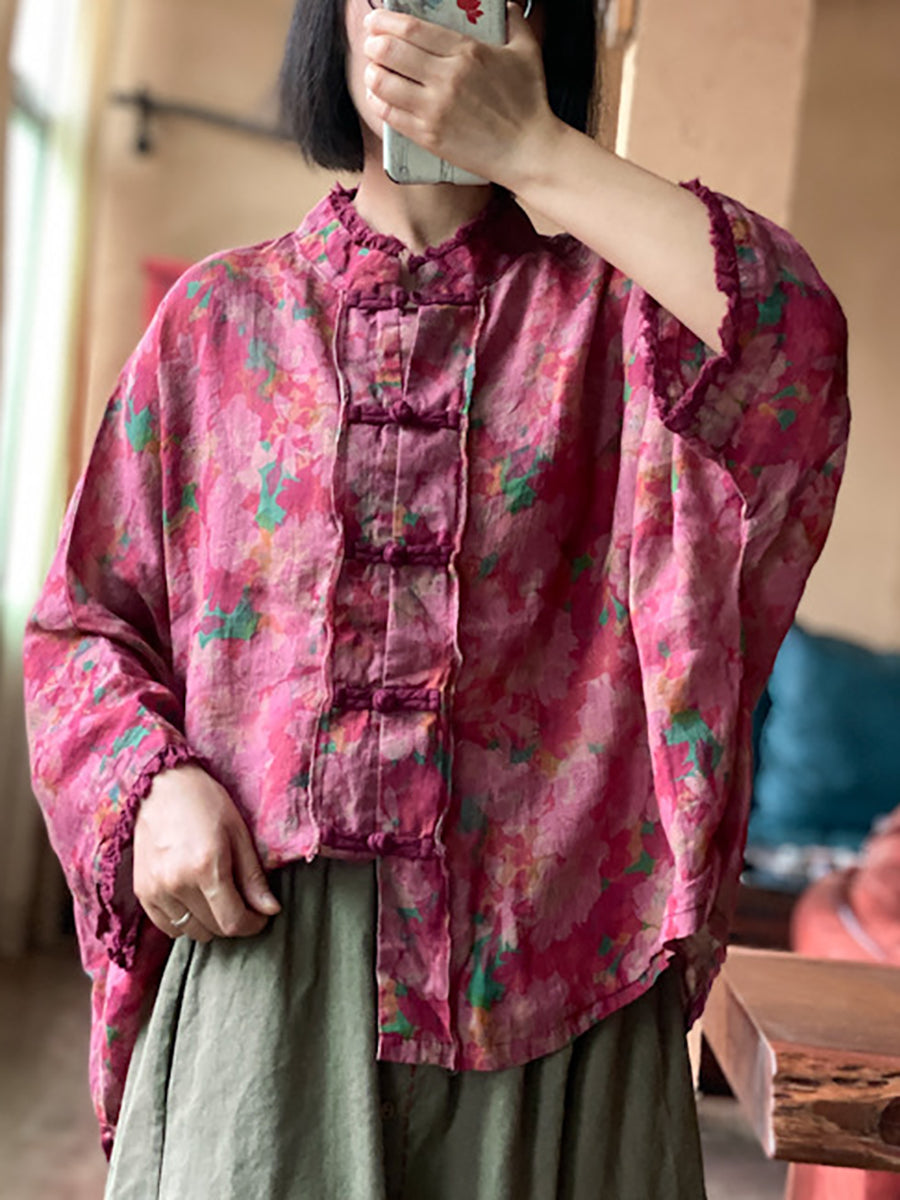 Women Vintage Flower Button-Up Raw Edge Linen Shirt OO1038