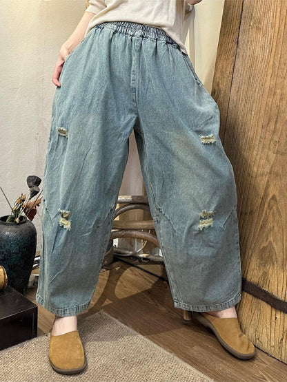 Pantalon large en denim effiloché rétro d'été pour femme OO1049