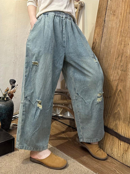 Pantalon large en denim effiloché rétro d'été pour femme OO1049