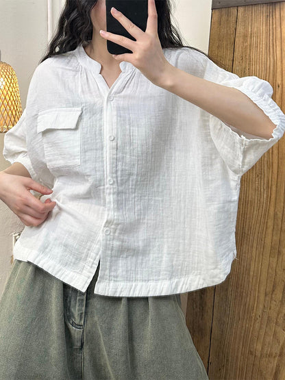 Women Summer Casual Solid Button-Up Cotton Shirt OO1052