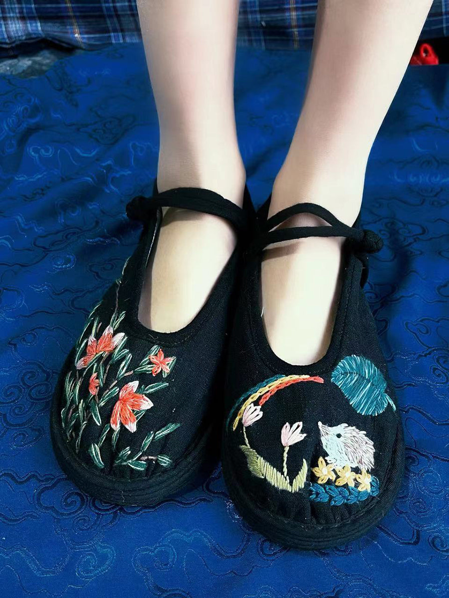 Women Summer Ethnic Embroidery Linen Flat Shoes II1022