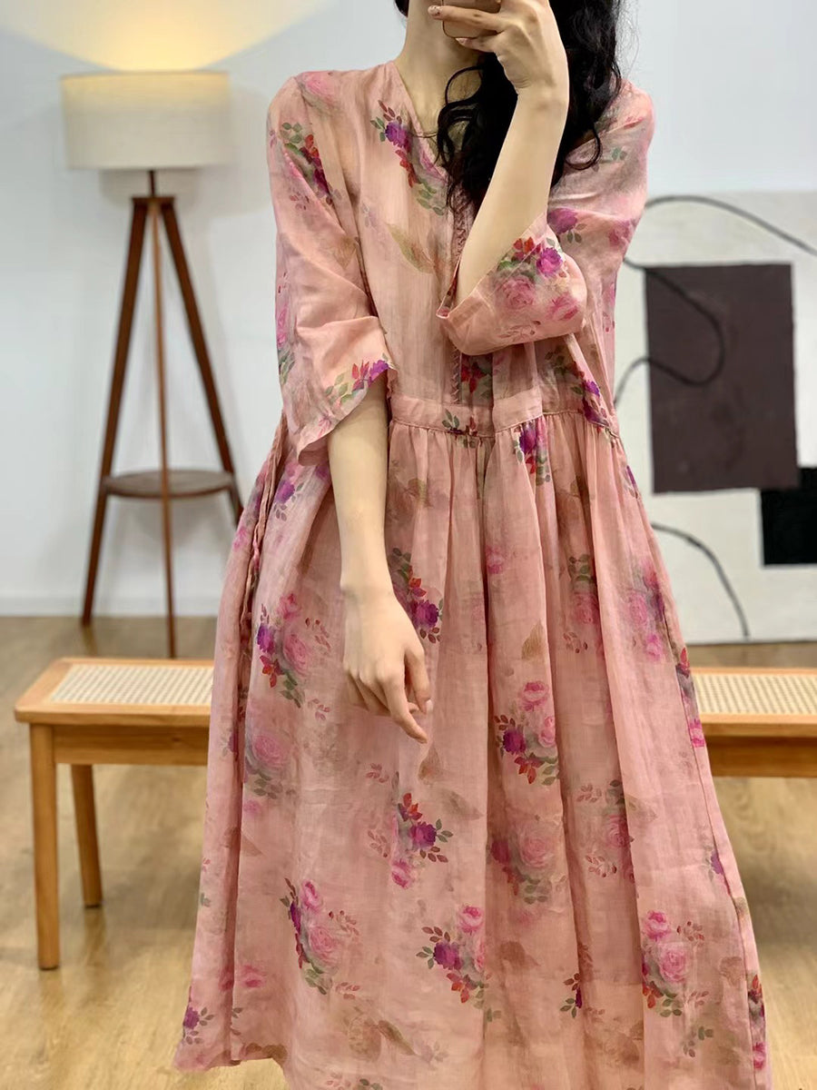 Robe d'été vintage à fleurs et col en V en ramie pour femme II1007