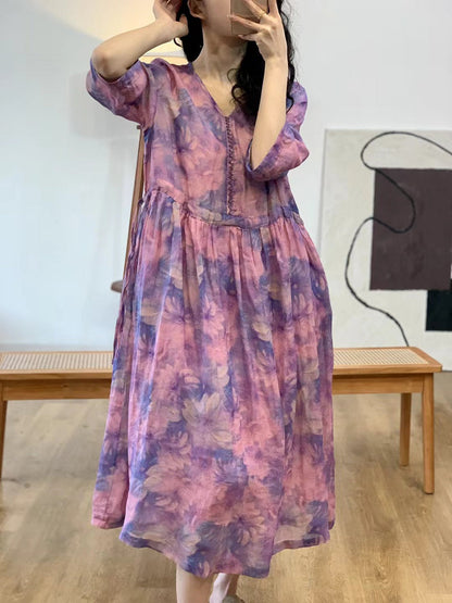 Robe d'été vintage à fleurs et col en V en ramie pour femme II1007