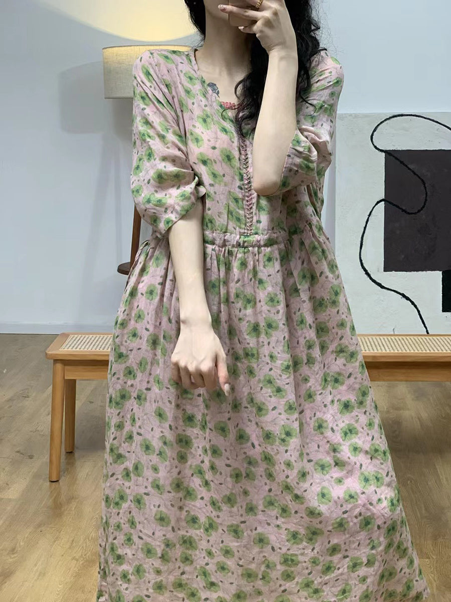 Robe d'été vintage à fleurs et col en V en ramie pour femme II1007