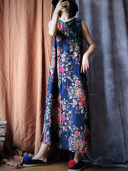 Women Summer Vintage Flower Spliced Robe Vest Dress PP1045