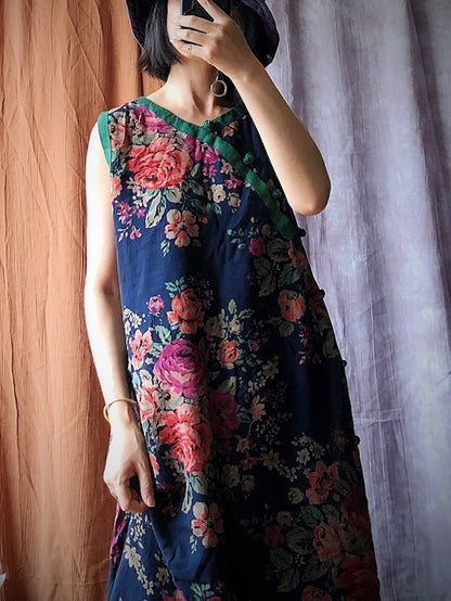 Women Summer Vintage Flower Spliced Robe Vest Dress PP1045