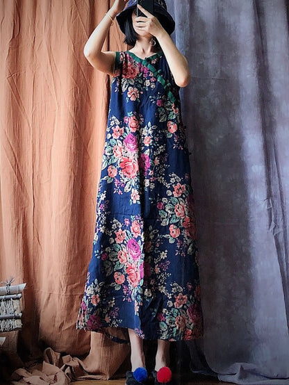 Women Summer Vintage Flower Spliced Robe Vest Dress PP1045