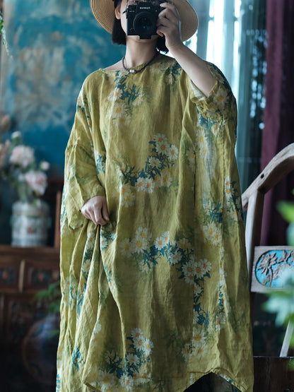 Women Summer Vintage Floral Linen Loose Dress PP1048