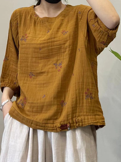 Women Summer Casual Floral Embroidery Cotton Shirt PP1038