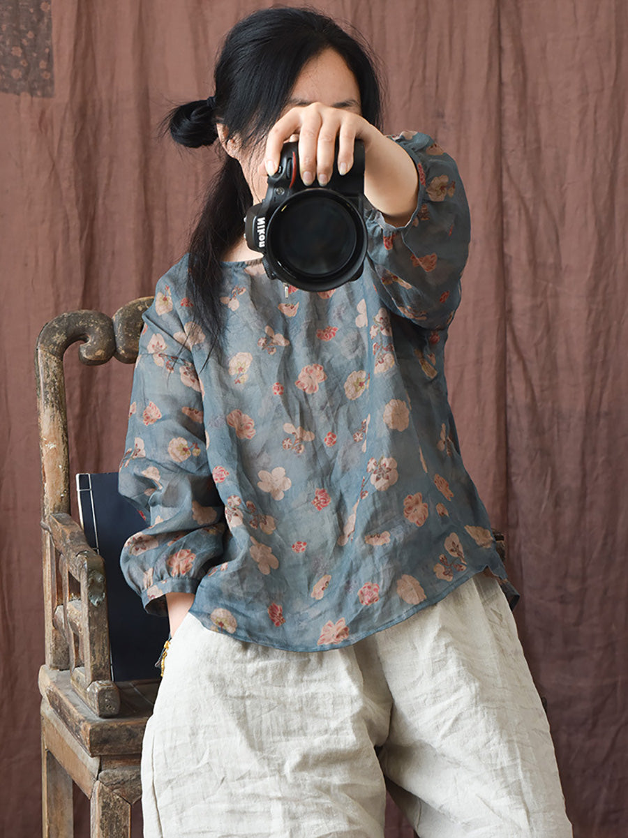 Women Summer Vintage Flower O-neck Ramie Shirt PP1039