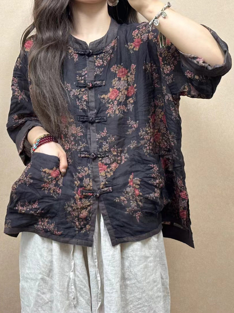 Women Vintage Flower Spliced Button-up Ramie Shirt PP1050