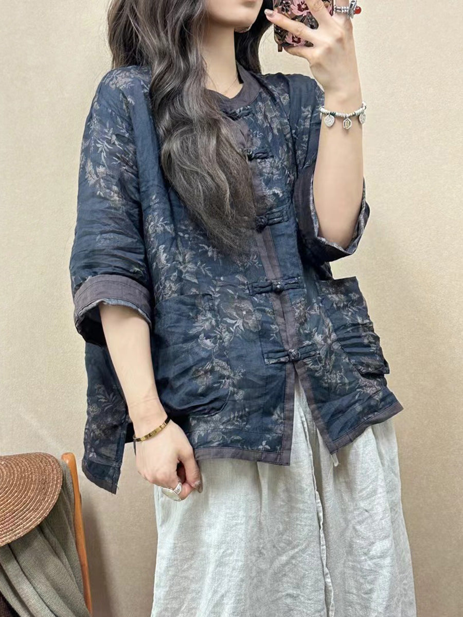 Women Vintage Flower Spliced Button-up Ramie Shirt PP1050