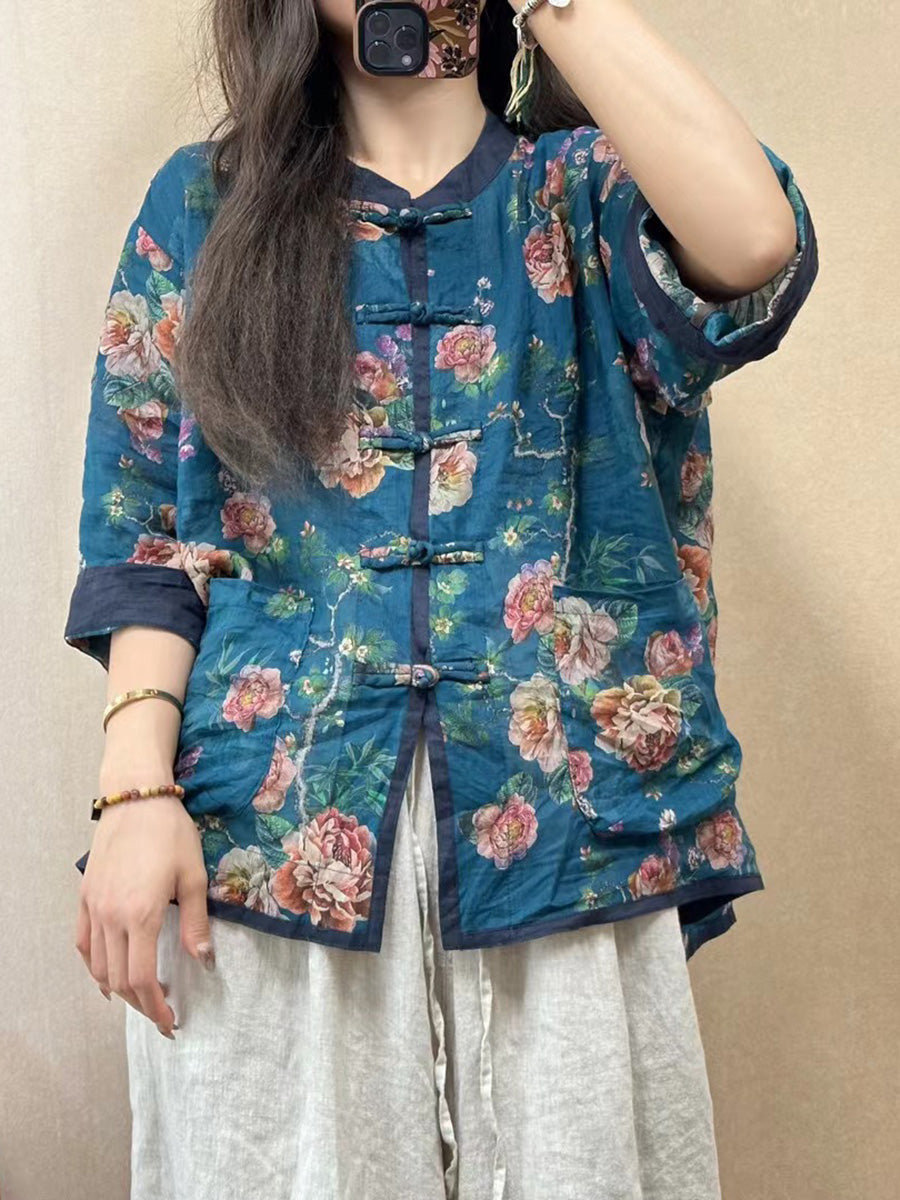 Women Vintage Flower Spliced Button-up Ramie Shirt PP1050