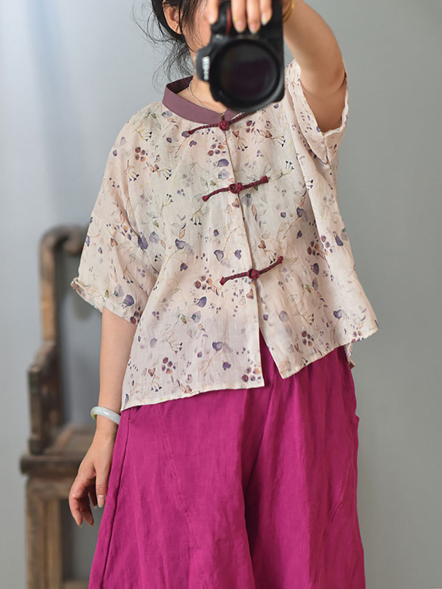 Women Summer Vintage Flower Spliced Button Ramie Shirt PP1004