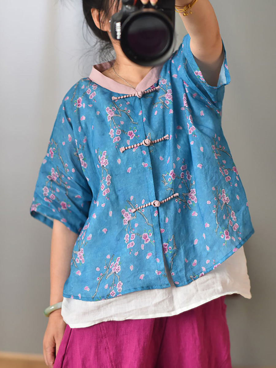 Women Summer Vintage Flower Spliced Button Ramie Shirt PP1004