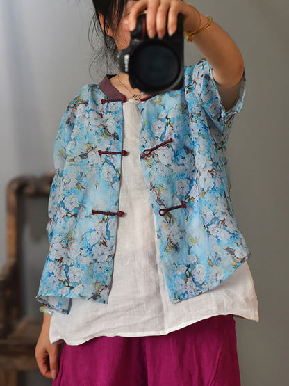 Women Summer Vintage Flower Spliced Button Ramie Shirt PP1004