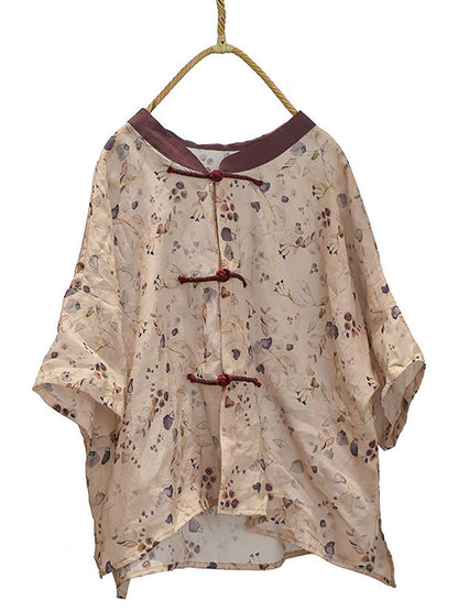 Women Summer Vintage Flower Spliced Button Ramie Shirt PP1004