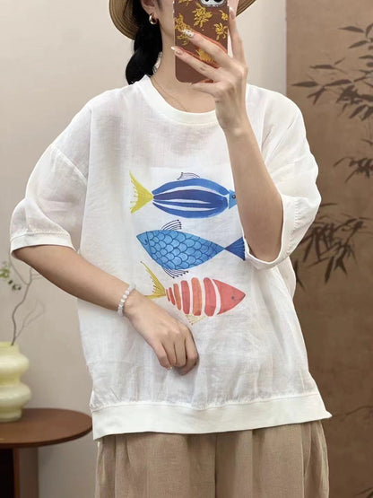 Women Summer Casual Fish Print O-Neck Ramie Shirt PP1007