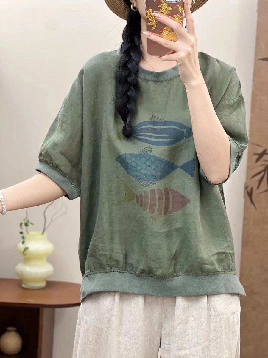 Women Summer Casual Fish Print O-Neck Ramie Shirt PP1007