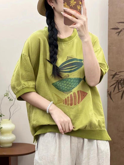 Women Summer Casual Fish Print O-Neck Ramie Shirt PP1007