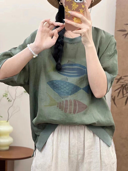 Women Summer Casual Fish Print O-Neck Ramie Shirt PP1007