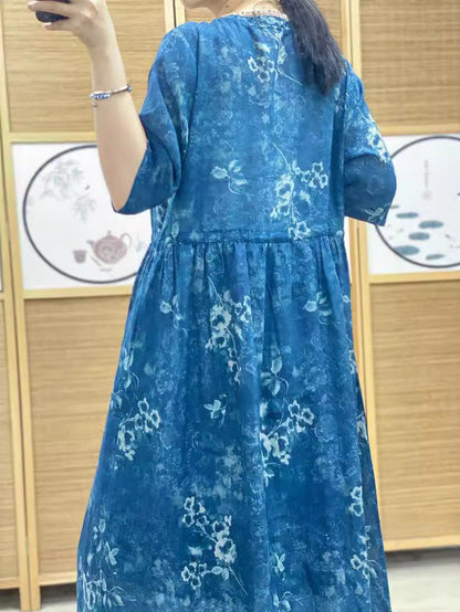 Robe d'été en ramie à col en V et motif floral artistique pour femme PP1010