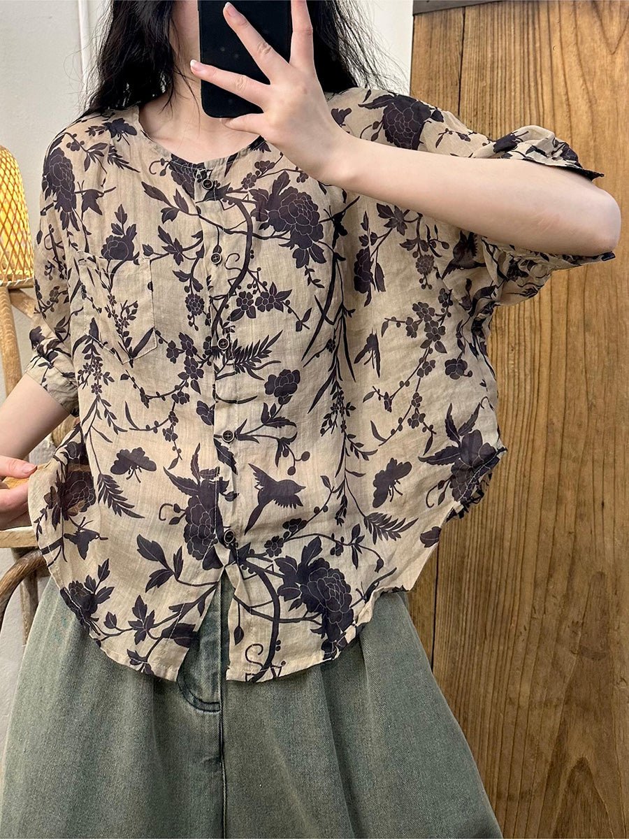 Chemise d'été boutonnée en ramie à fleurs vintage pour femmes PP1019