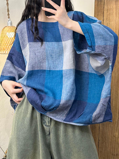 Women Summer Casual Plaid Batwing SLeeve Linen Shirt GEM598