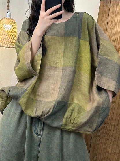 Women Summer Casual Plaid Batwing SLeeve Linen Shirt GEM598