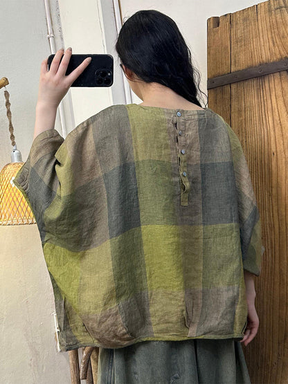 Women Summer Casual Plaid Batwing SLeeve Linen Shirt GEM598