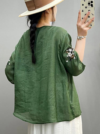 Women Summer Artsy Embroidery O-Neck Ramie Shirt HH005