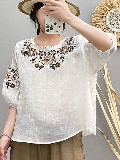 Women Summer Artsy Embroidery O-Neck Ramie Shirt HH005