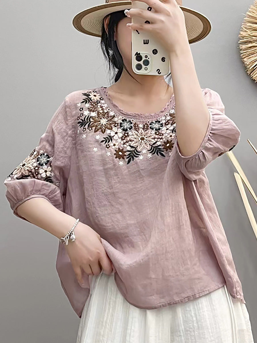 Women Summer Artsy Embroidery O-Neck Ramie Shirt HH005