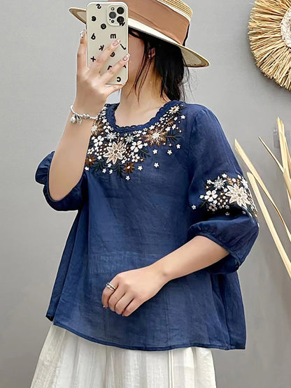 Women Summer Artsy Embroidery O-Neck Ramie Shirt HH005