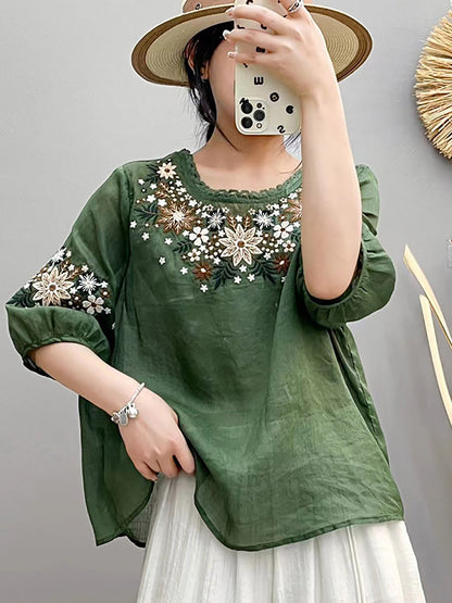 Women Summer Artsy Embroidery O-Neck Ramie Shirt HH005