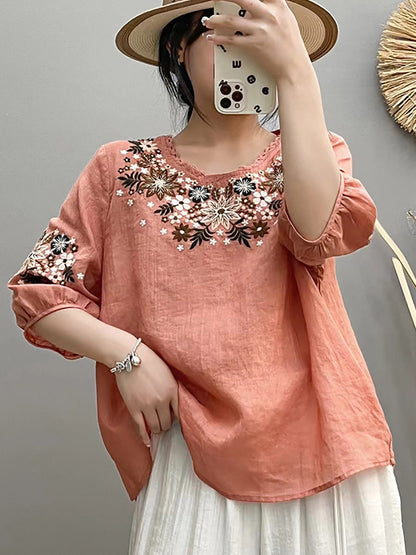 Women Summer Artsy Embroidery O-Neck Ramie Shirt HH005