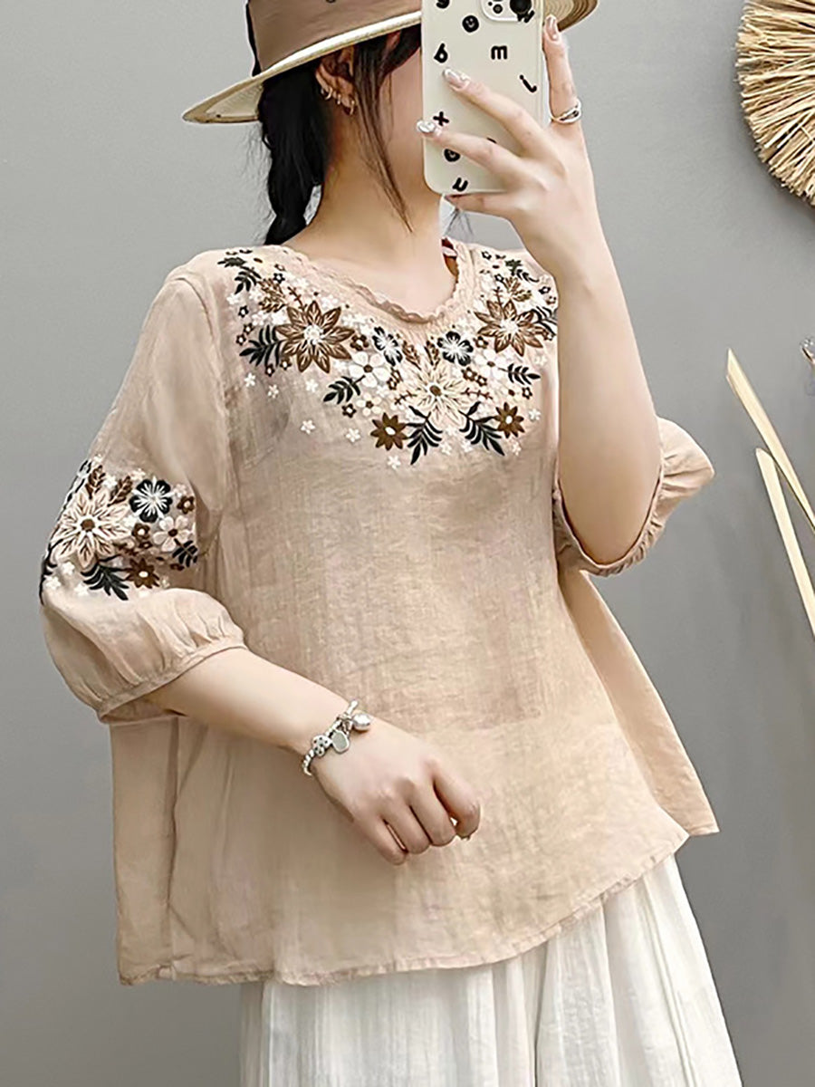 Women Summer Artsy Embroidery O-Neck Ramie Shirt HH005