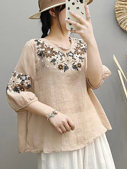 Women Summer Artsy Embroidery O-Neck Ramie Shirt HH005