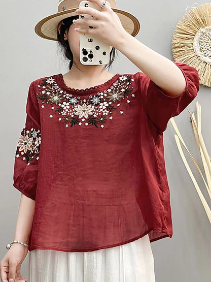 Women Summer Artsy Embroidery O-Neck Ramie Shirt HH005