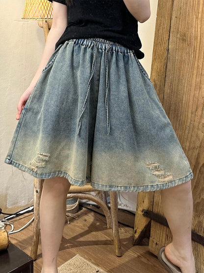 Women Summer Vintage Frayed Denim Fifth Pants HH009