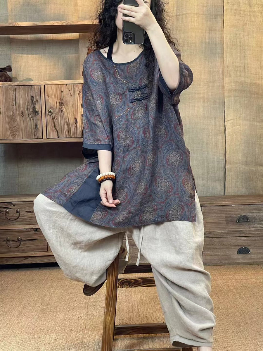 Women Summer Ethnic Flower Buckle O-Neck Linen Shirt HH010